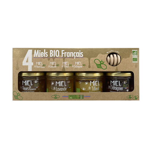 Coffret 4 Miels BIO et francais  Miel de lavande, fleurs de Provence, chataignier, tilleul - Savor et sens 