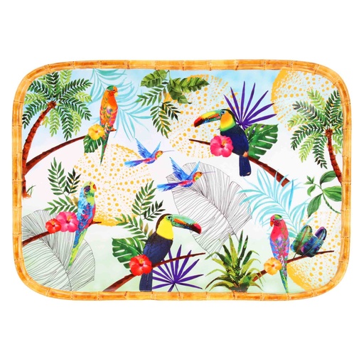 [MTO-13MPB] Grand plateau de présentation rectangulaire en mélamine toucans de Rio - Les Jardins de La Comtesse