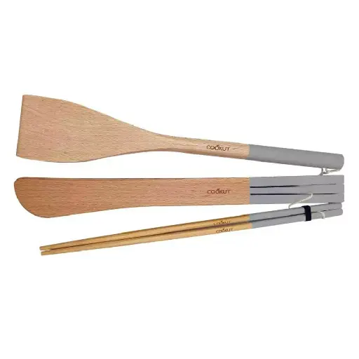 Set spatule, pince et baguette en bois - Cookut