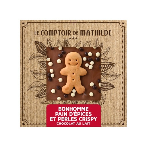 [TABPM0047] Tablette Chocolat Lait Bonhomme Pain D'Epice Et Perles Crispy - Le comptoir de mathilde